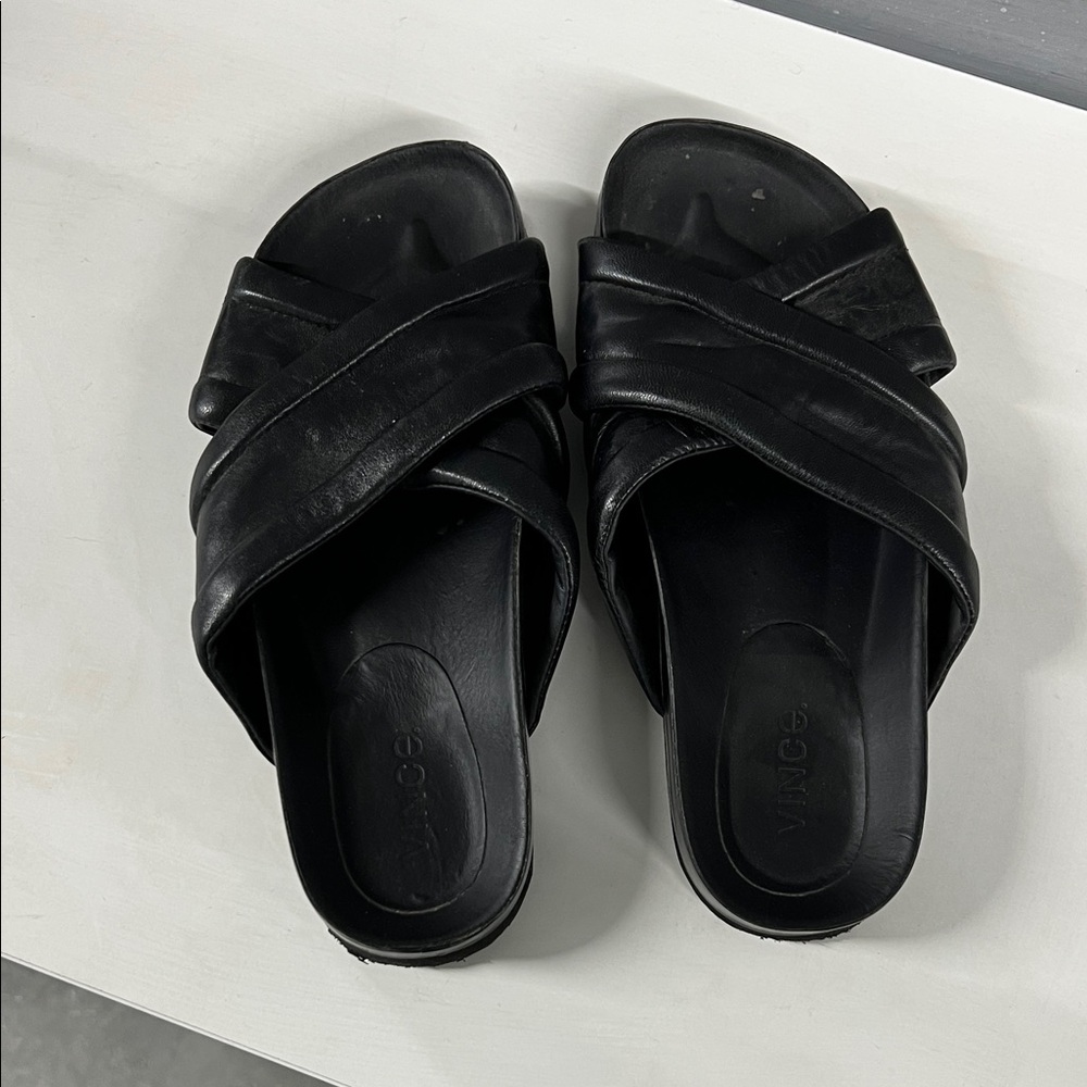 Vince Black Leather Crossover Mules